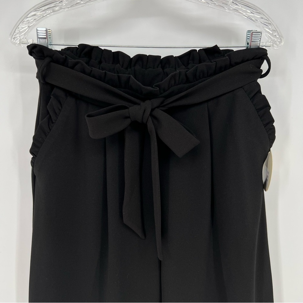 Lara Fashion Women Pants Large Black Wide Leg Paper Bag Gathered Waist Sash Belt - Picture 3 of 10